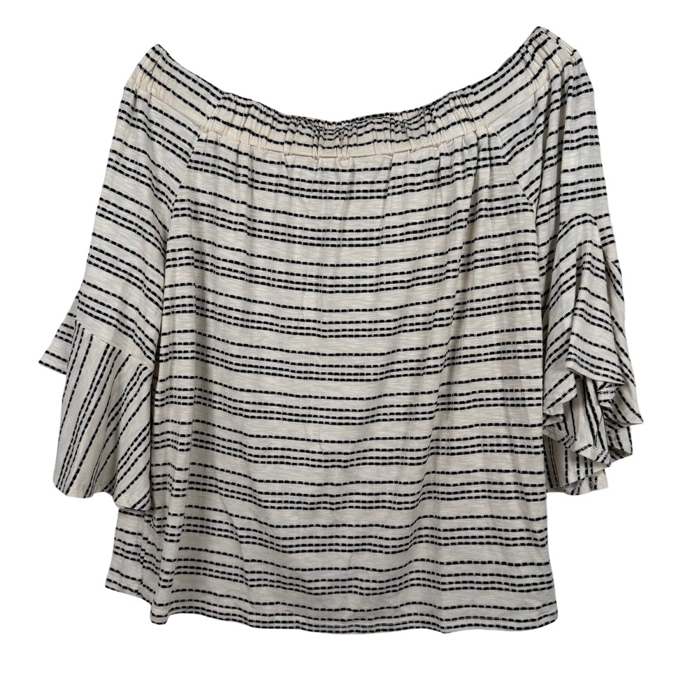 Cha Cha Vente Blouse Womens Large Ivory Black‎ Striped Off Shoulder Bell Sleeve